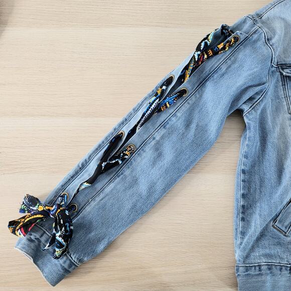 Easel Boho Denim Jean Trucker Jacket Paisley Scarf Tie Sleeve Boutique Y2K Large - Picture 8 of 11